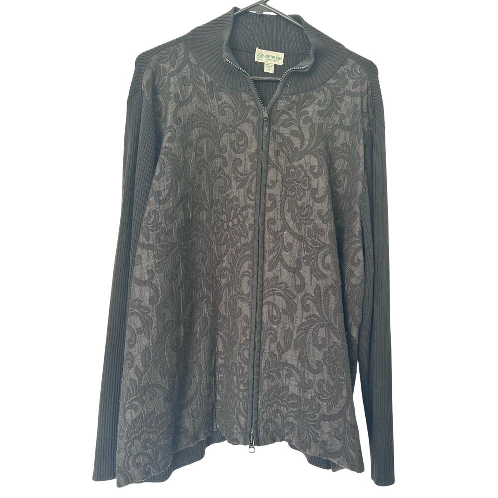 Austin Reed Women’s Black Silk Blend Zip-Front Floral Jacquard Cardigan Size 2